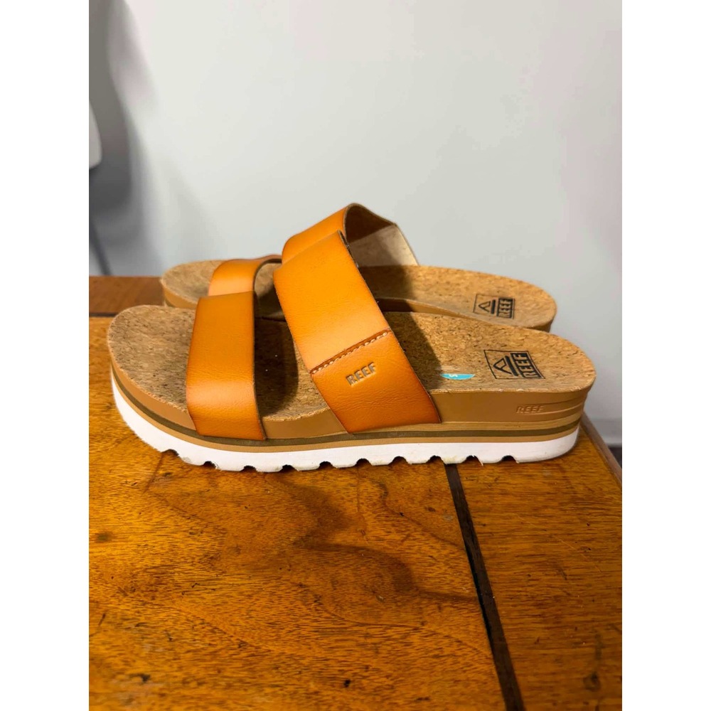 Reef Womens 8 Tan Orange Cushion Vista Hi Platform Two Strap Slide Sandals